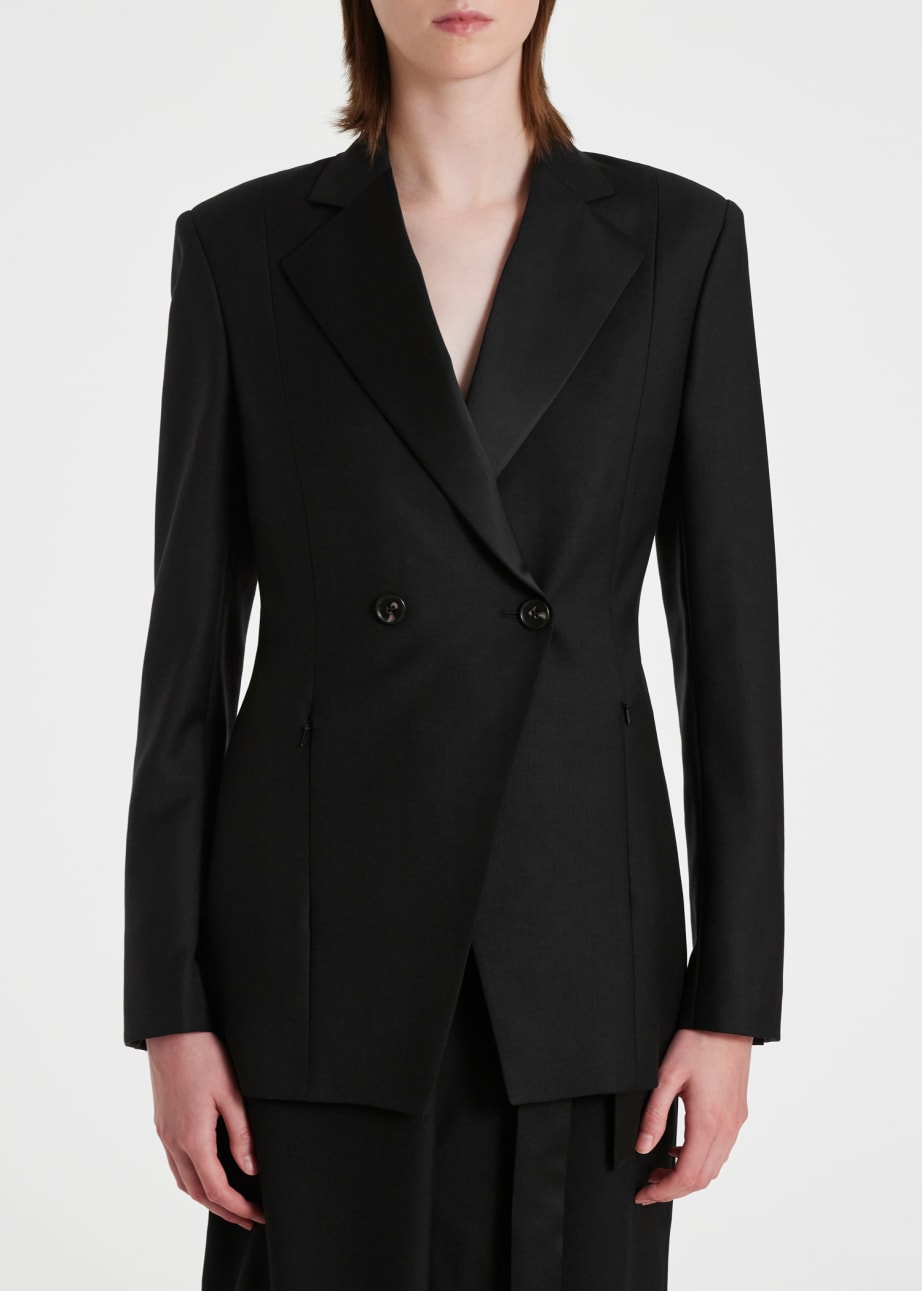 Model View - Women's Black Satin Trim Double-Breasted Blazer Paul Smith