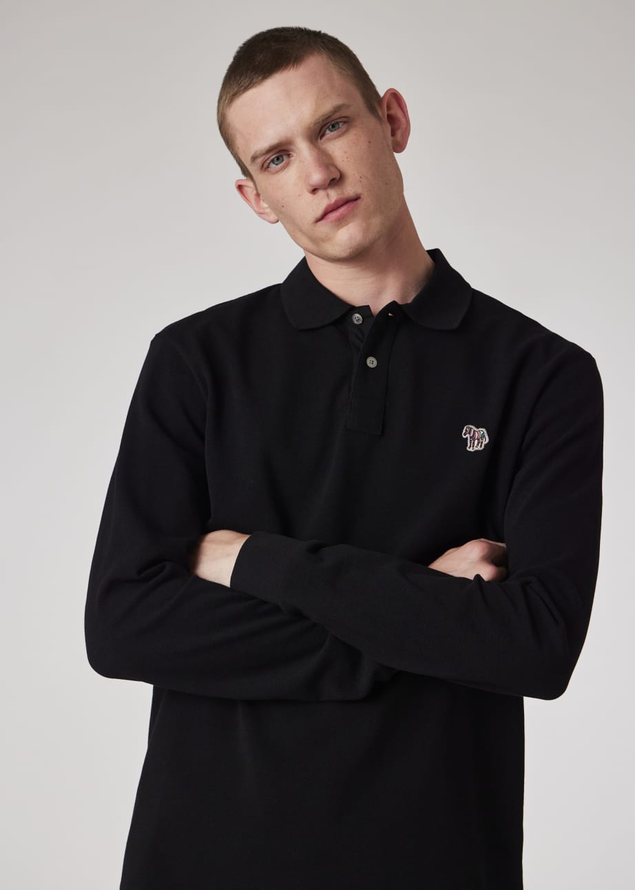 Model View - Black Cotton Zebra Logo Long-Sleeve Polo Shirt Paul Smith