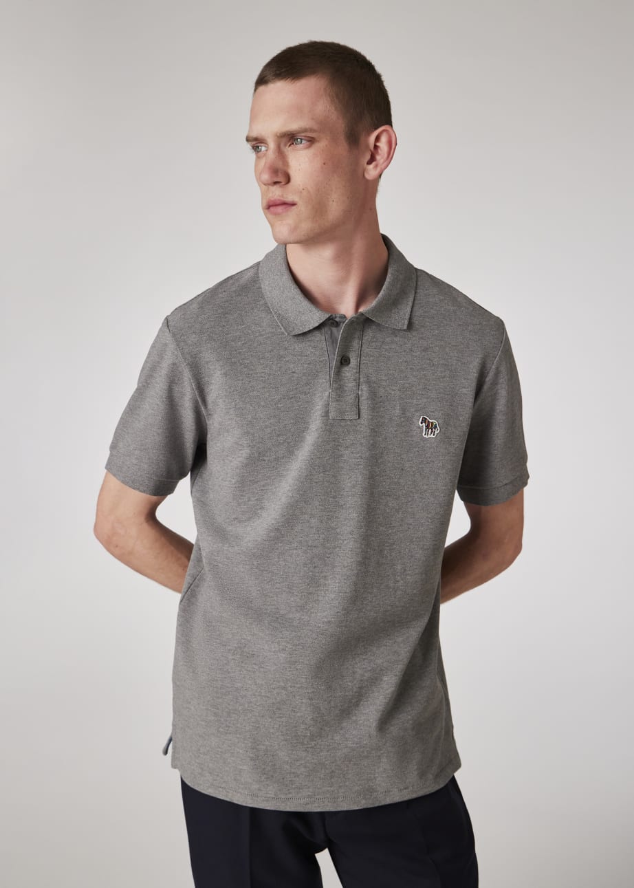 Model back view - Grey Marl Cotton-Piqué Zebra Logo Polo Shirt