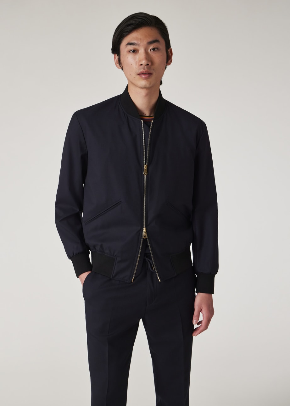 Back View - Dark Navy 'Storm System' Wool Bomber Jacket Paul Smith