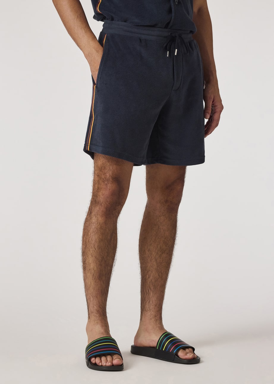 Model View - Navy Blue Towelling Lounge Shorts Paul Smith