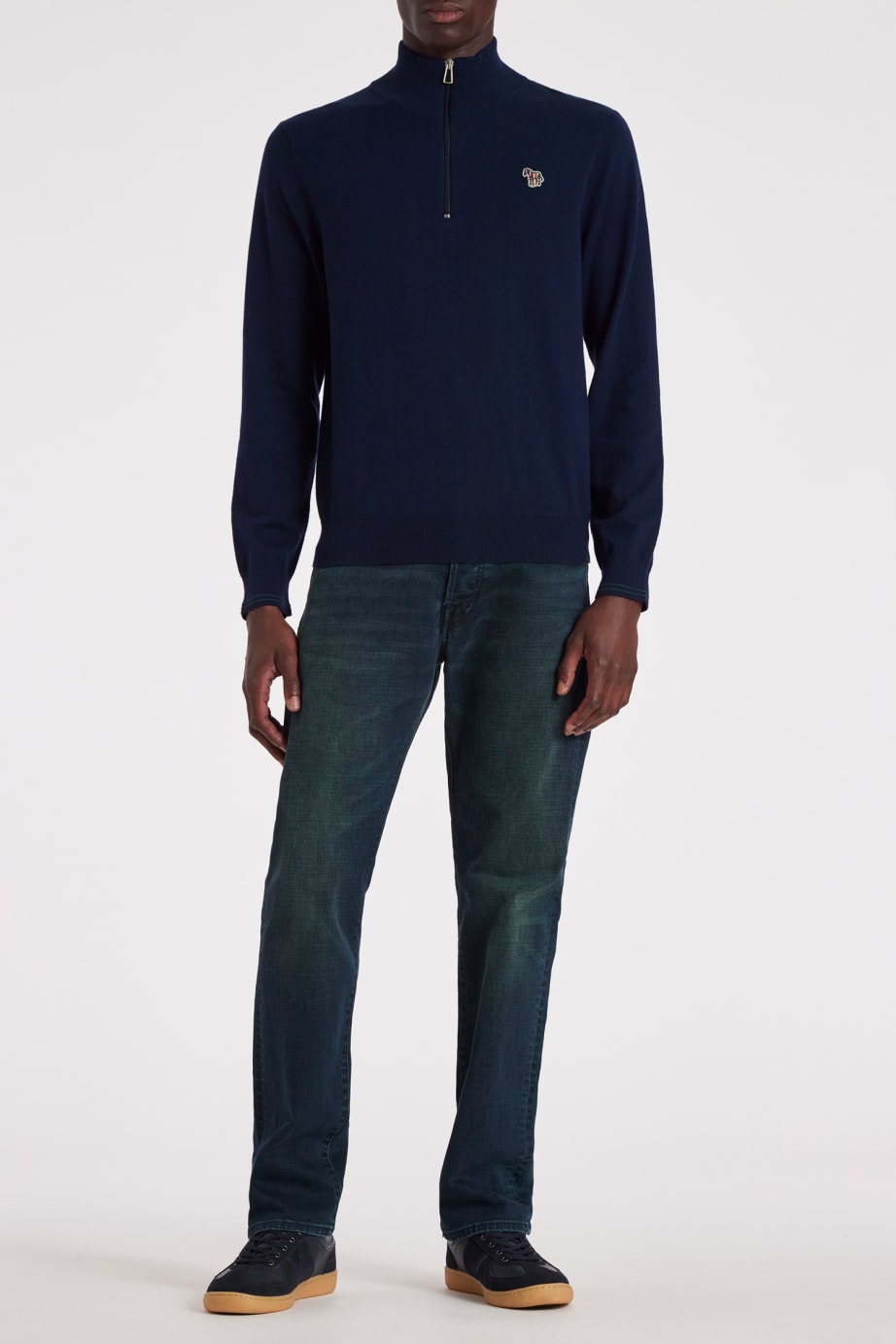 Model View - Navy Cotton-Blend Half Zip Zebra Logo Sweater Paul Smith
