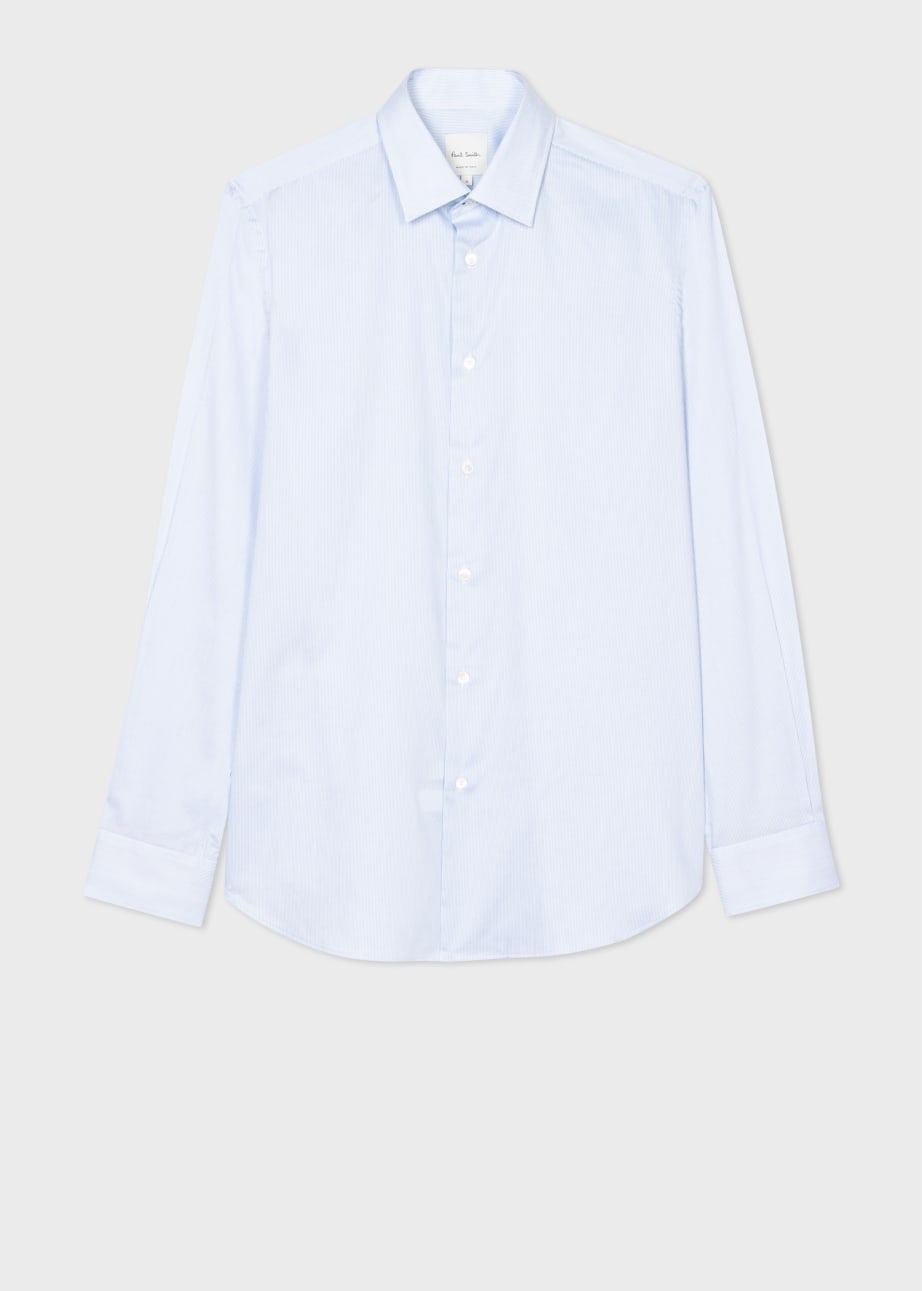 Front View - Tailored-Fit Light Blue 'Fine Stripe' Easy Care Shirt Paul Smith