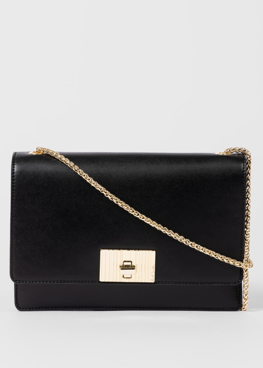 Black evening bag with gold chain discount