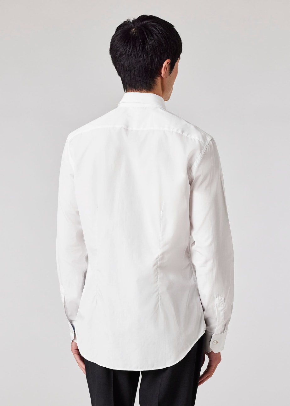 Model View - Slim-Fit White Poplin Cotton Shirt With 'Artist Stripe' Cuff Lining Paul Smith