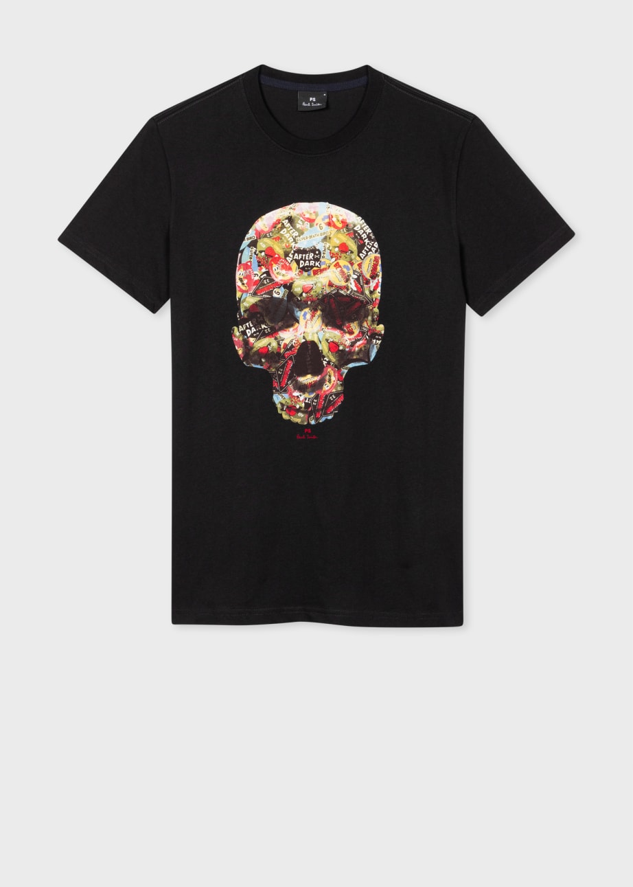 Front View - Slim-Fit Black 'Sticker Skull' T-Shirt Paul Smith
