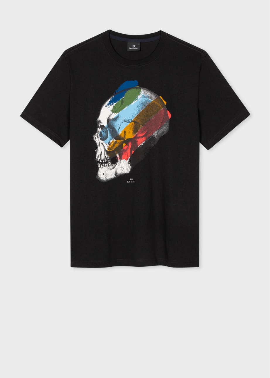 Front View - Black 'Stripe Skull' Print T-Shirt Paul Smith