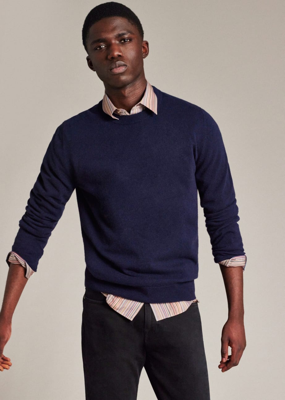 Model View - Navy Cashmere Crew Neck Sweater Paul Smith