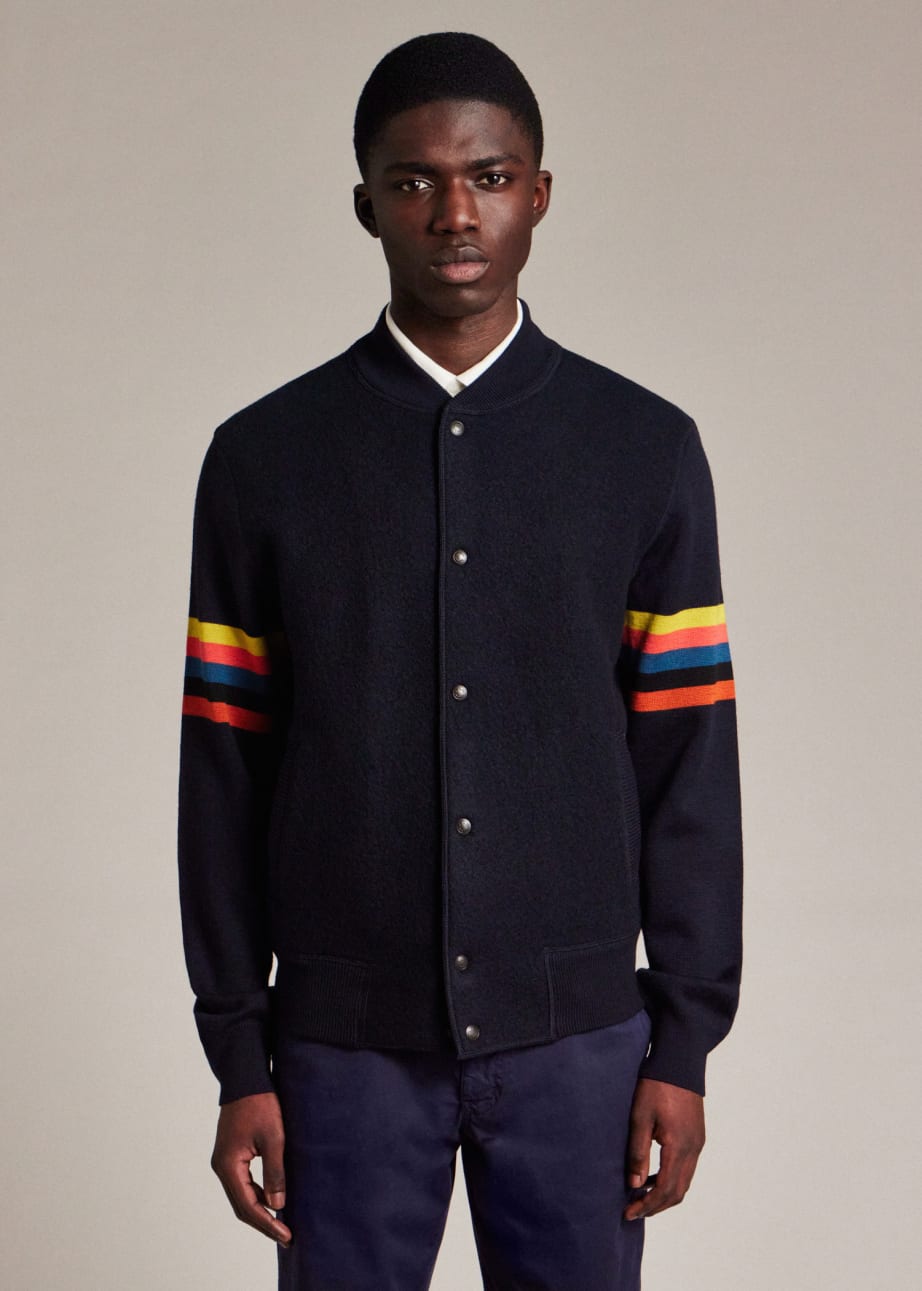 Model View - Navy Wool 'Artist Stripe' Arm Bomber Jacket Paul Smith