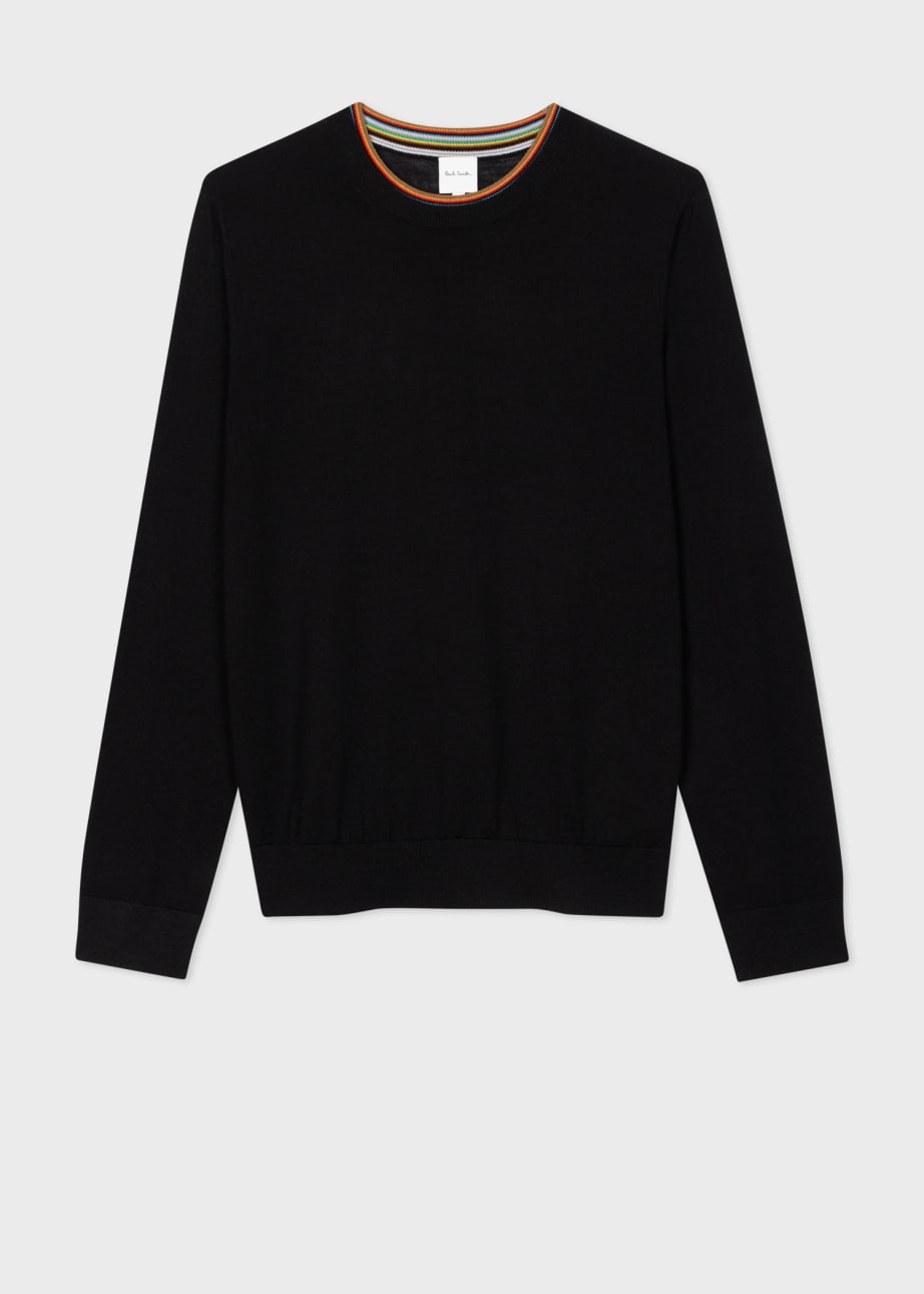 Men s Black Merino Wool Signature Stripe Collar Sweater