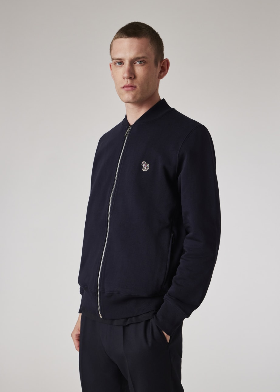 Model View - Navy Zebra Logo Cotton Bomber Jacket Paul Smith