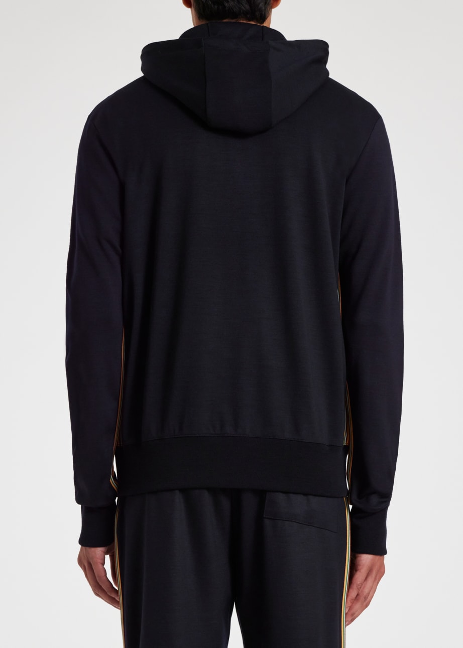 Front View - Navy Zip-Front Washable Wool 'Signature Stripe' Hoodie Paul Smith