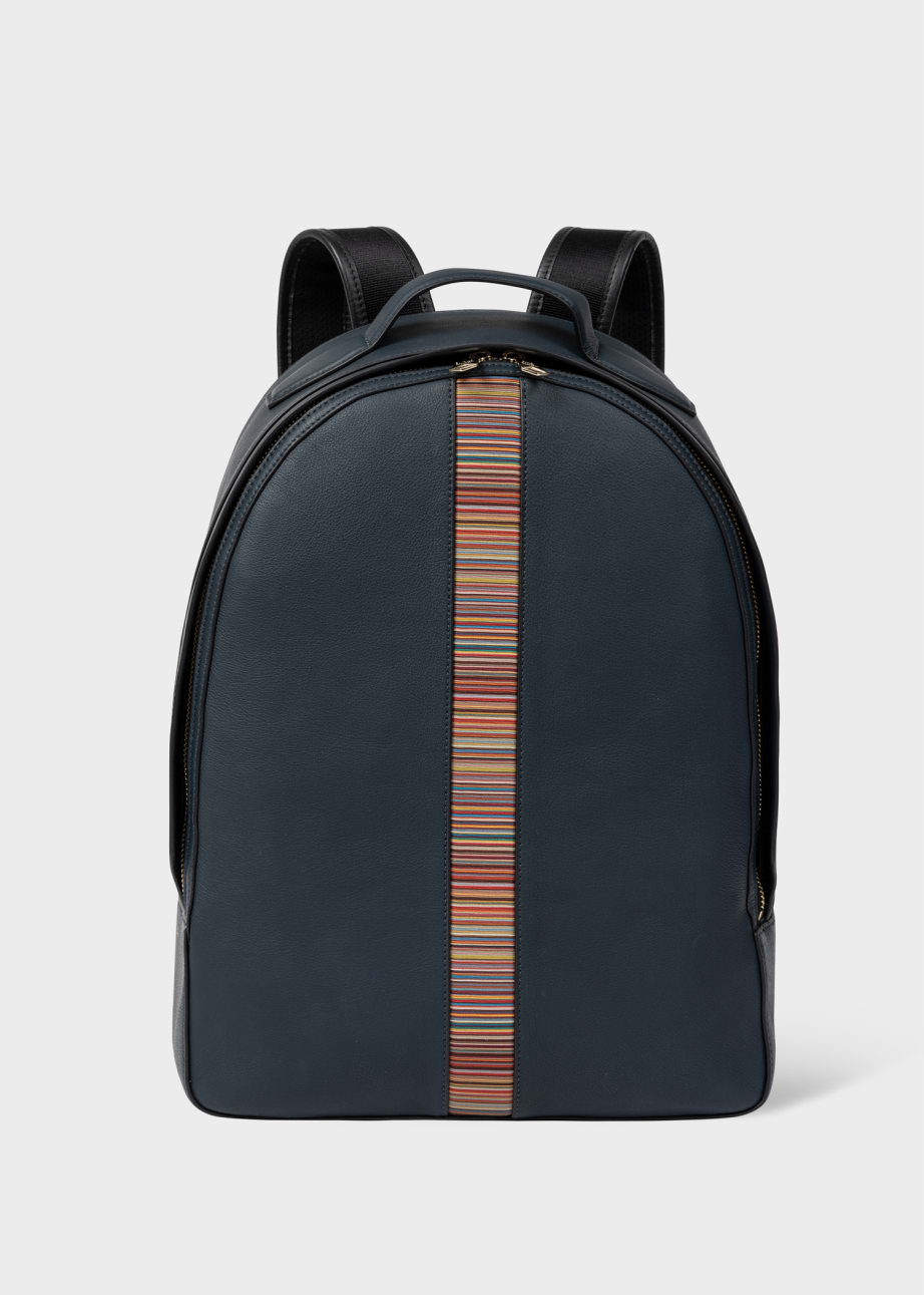 Front View - Dark Blue Leather 'Signature Stripe' Backpack Paul Smith