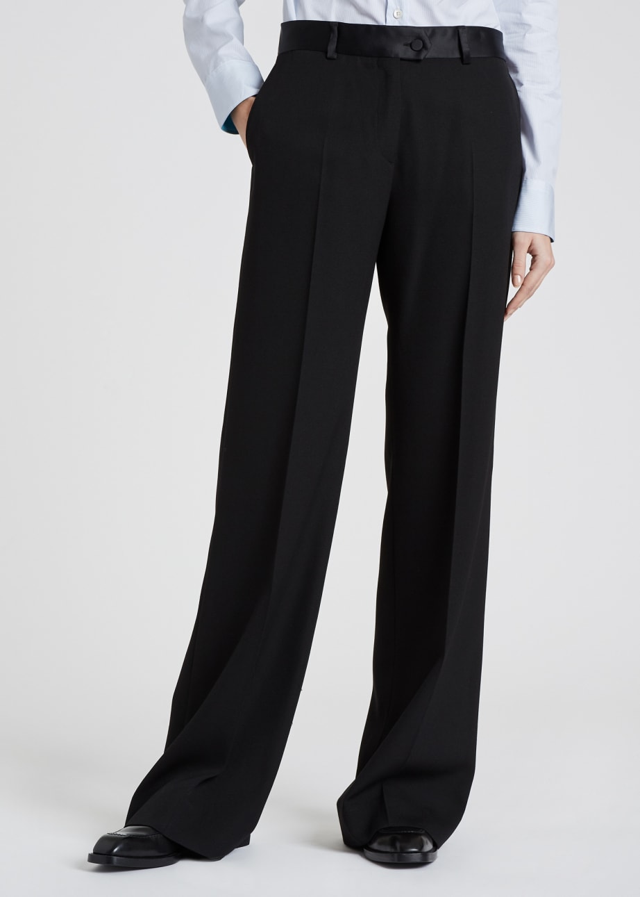 Model View - Women's Black Parallel Leg Tuxedo Wool Trousers With Satin Details Paul Smith