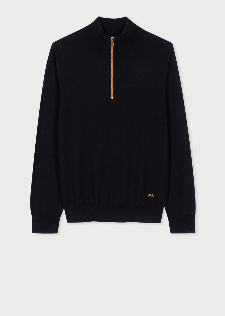 Front View - Black And Orange Merino Wool Half Zip Sweater Paul Smith