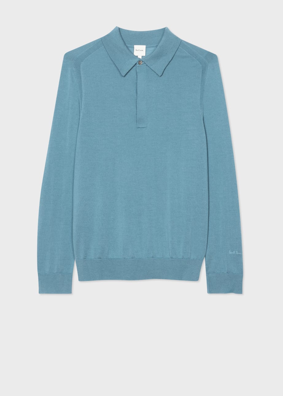 Front View - Light Blue Merino Wool Long-Sleeve Polo Shirt Paul Smith