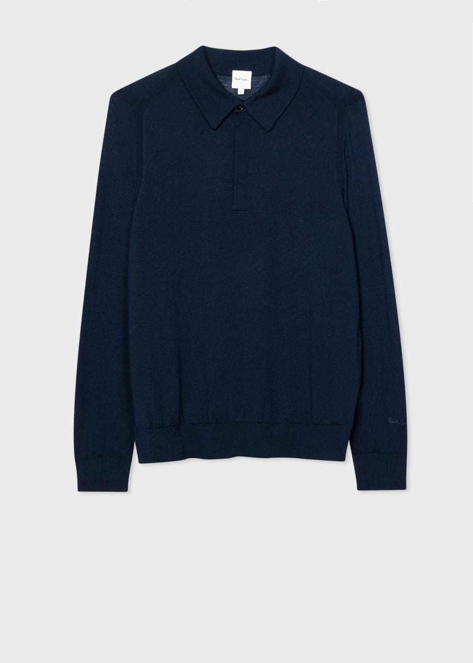 Front View - Navy Merino Wool Long-Sleeve Polo Shirt Paul Smith