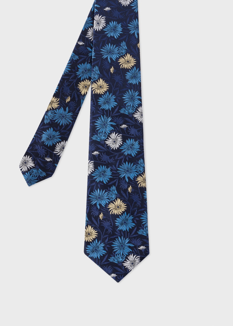 Front View - Navy and Blue Silk Floral Tie Paul Smith