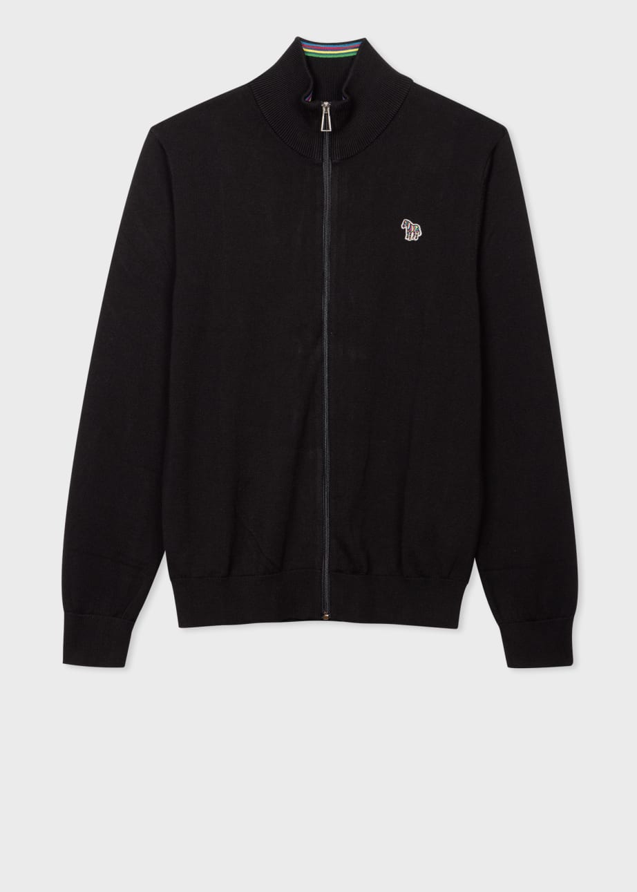 Front View - Black Organic Cotton Zebra Logo Zip Cardigan Paul Smith