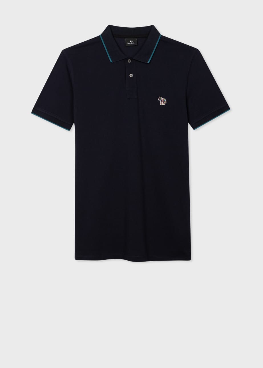 Front View - Slim-Fit Navy Zebra Logo Polo Shirt With Blue Tipping Paul Smith