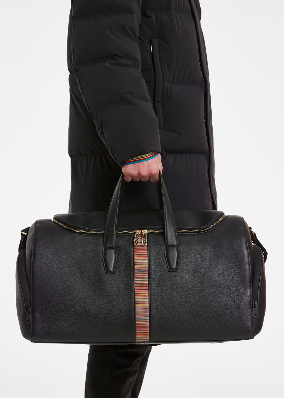 Model View - Black Leather 'Signature Stripe' Holdall Bag Paul Smith