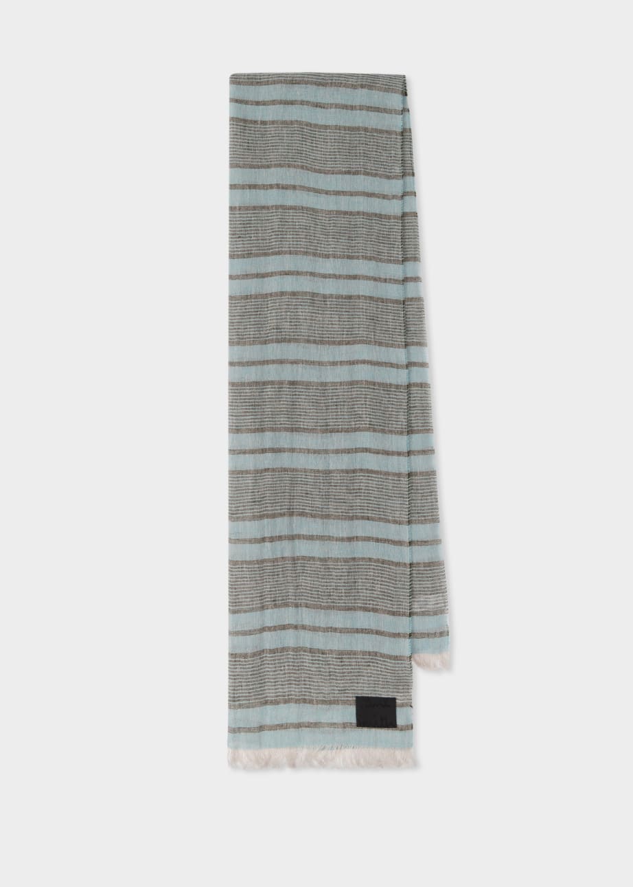 Front View - Blue Linen Stripe Scarf Paul Smith