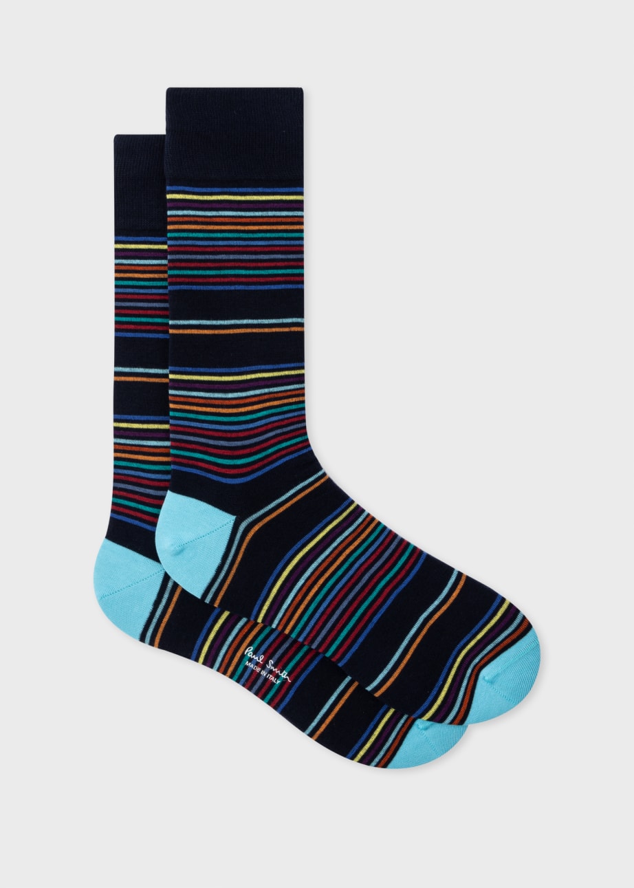 Pair View - Navy and Turquoise Multi-Stripe Socks Paul Smith