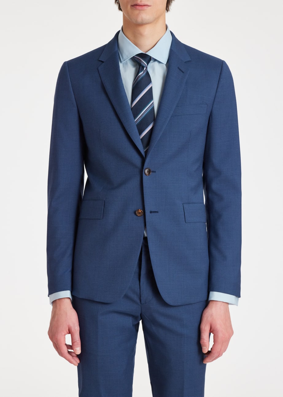 Model View - The Kensington - Slim-Fit Mid Blue Micro Check Wool Suit Paul Smith