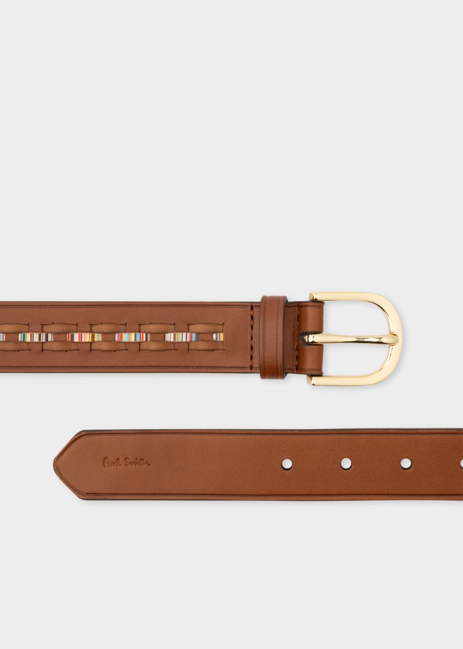 Product View - Women's Tan Woven Leather 'Signature Stripe' Belt by Paul Smith