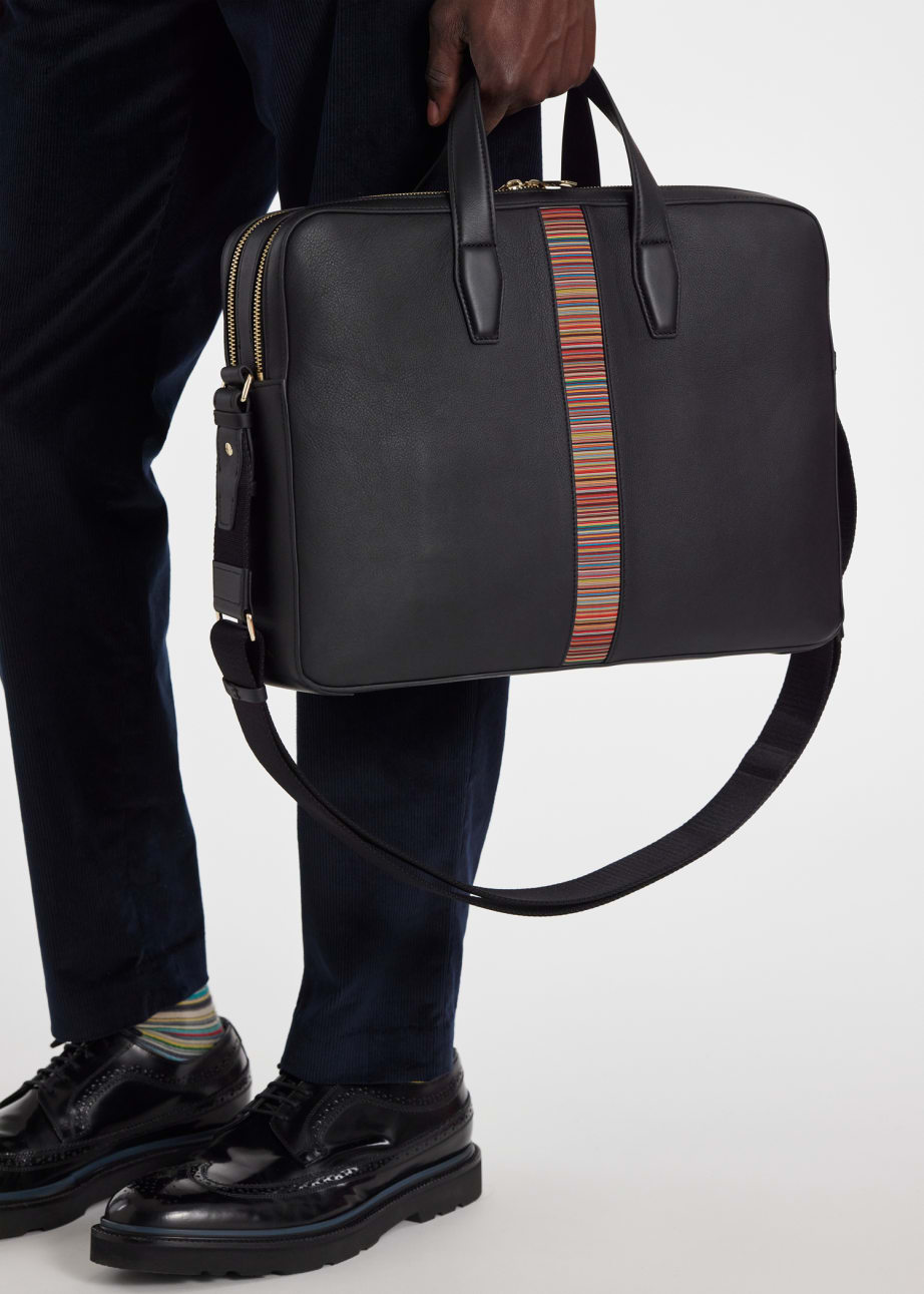 Model View - Black Leather 'Signature Stripe' Business Folio Paul Smith