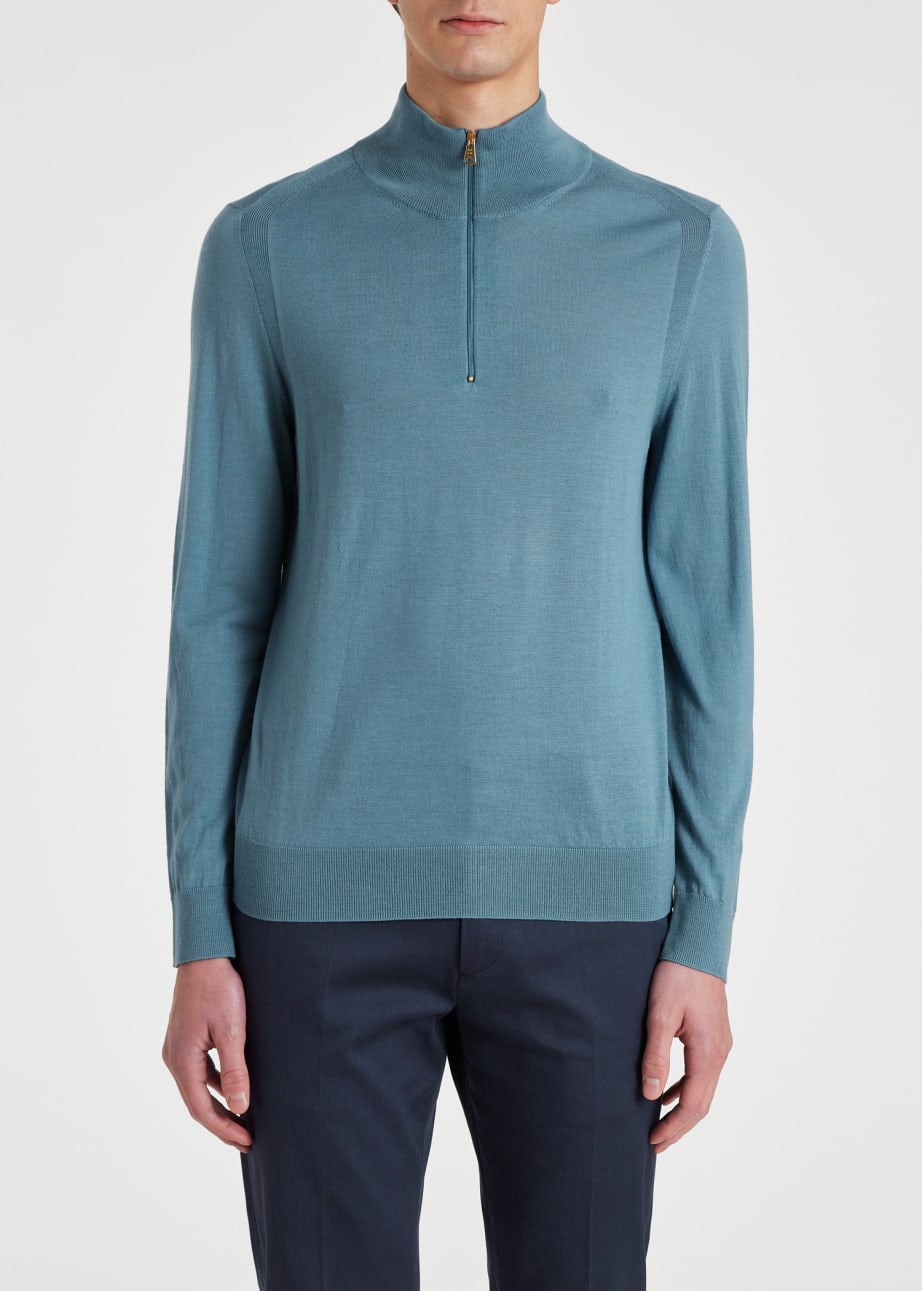 Model View - Light Blue Half Zip Merino Wool Sweater Paul Smith