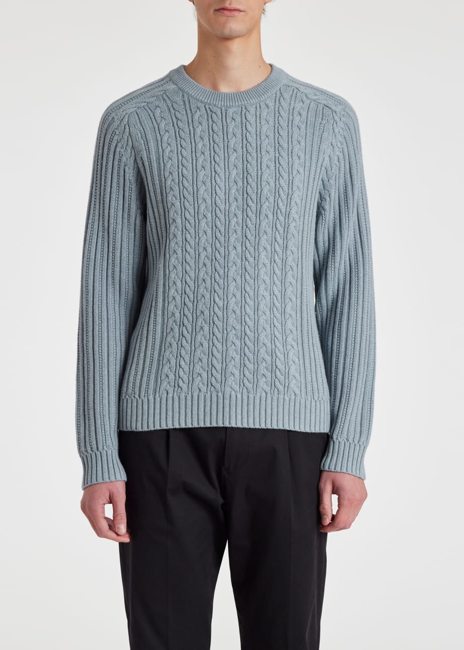 Model View - Pale Blue Cotton-Cashmere Cable Knit Sweater Paul Smith