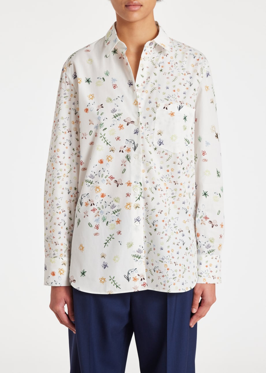 Model View - Women's White Relaxed-Fit 'Seedhead' Shirt Paul Smith
