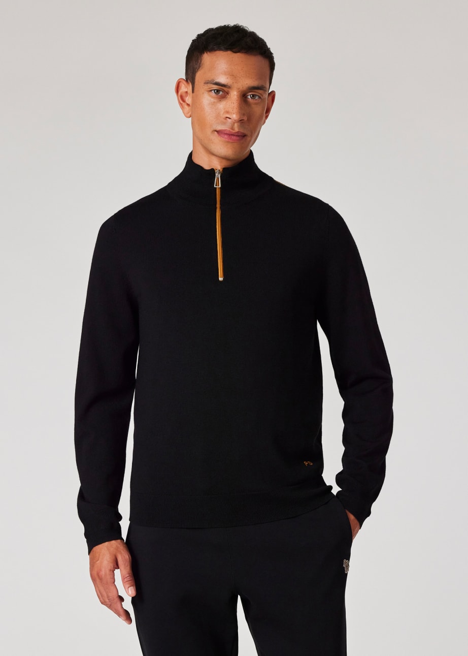 Model View - Black And Orange Merino Wool Half Zip Sweater Paul Smith