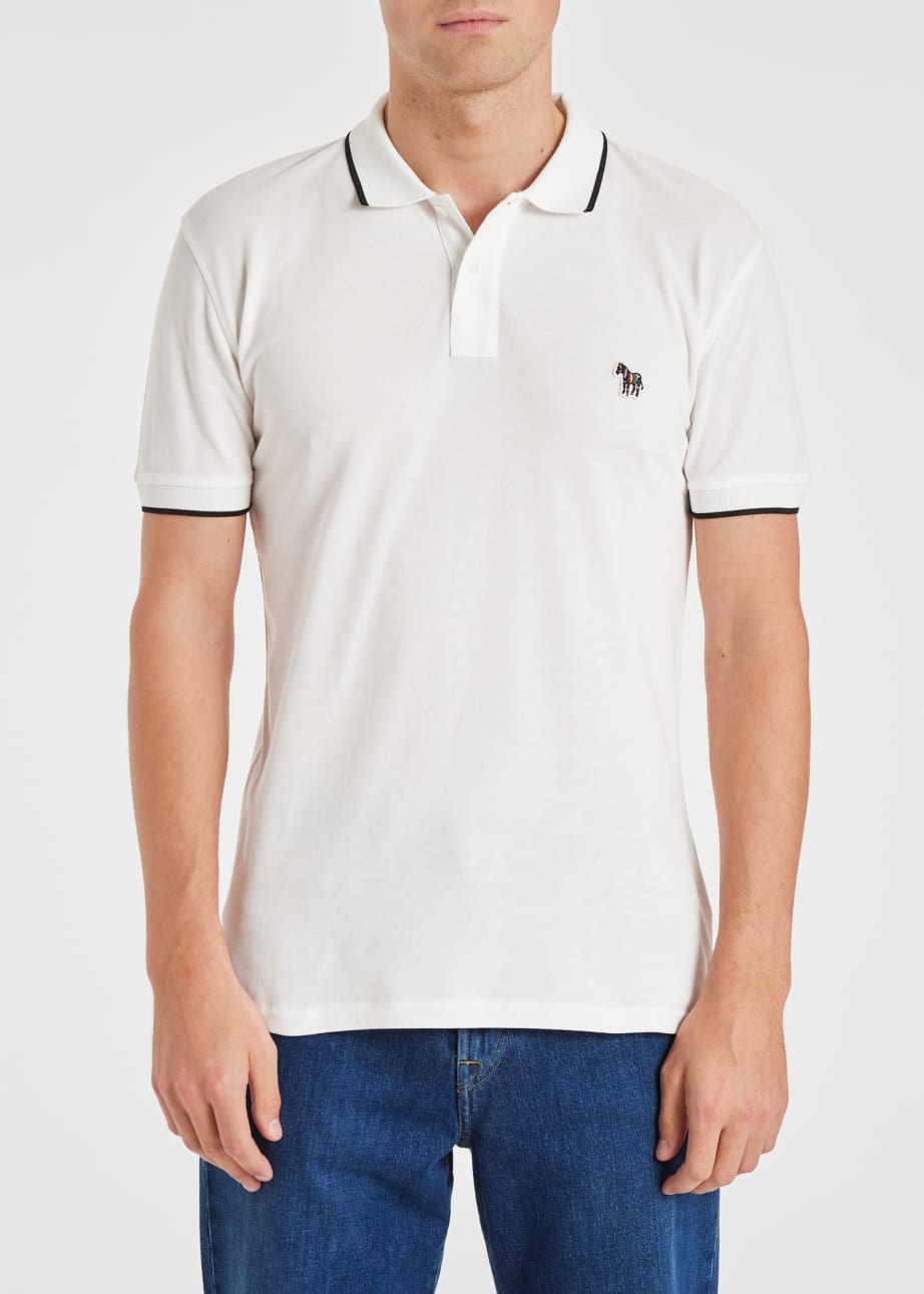 Model View - Slim-Fit White Zebra Logo Polo Shirt With Black Tipping by Paul Smith