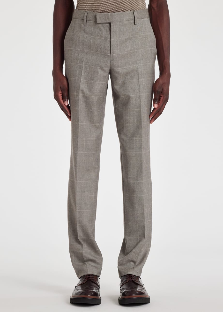 Model View - Grey Multi-Check Wool Straight Leg Trousers by Paul Smith