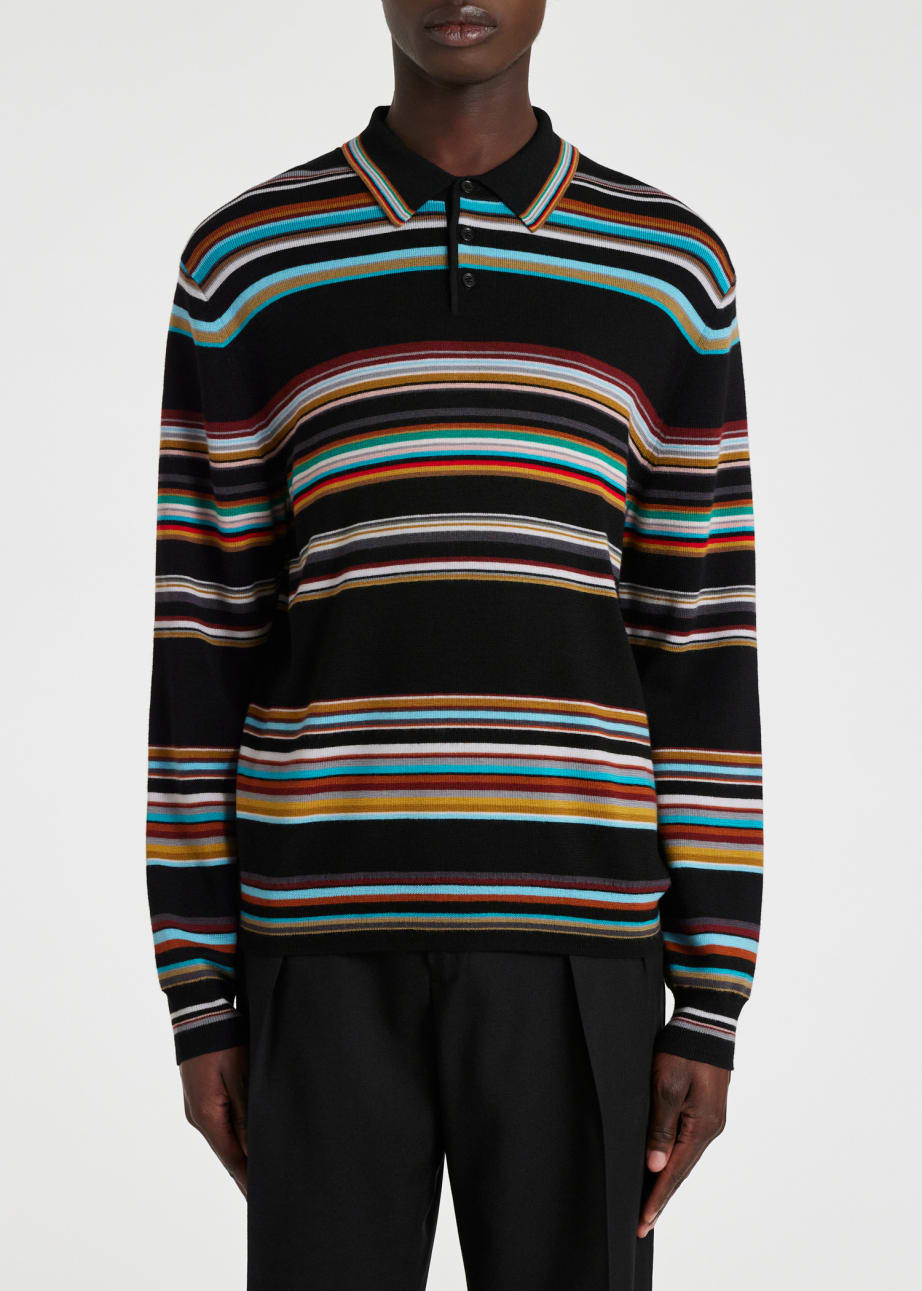 Model View - Black 'Signature Stripe' Merino Wool Knitted Polo Shirt Paul Smith