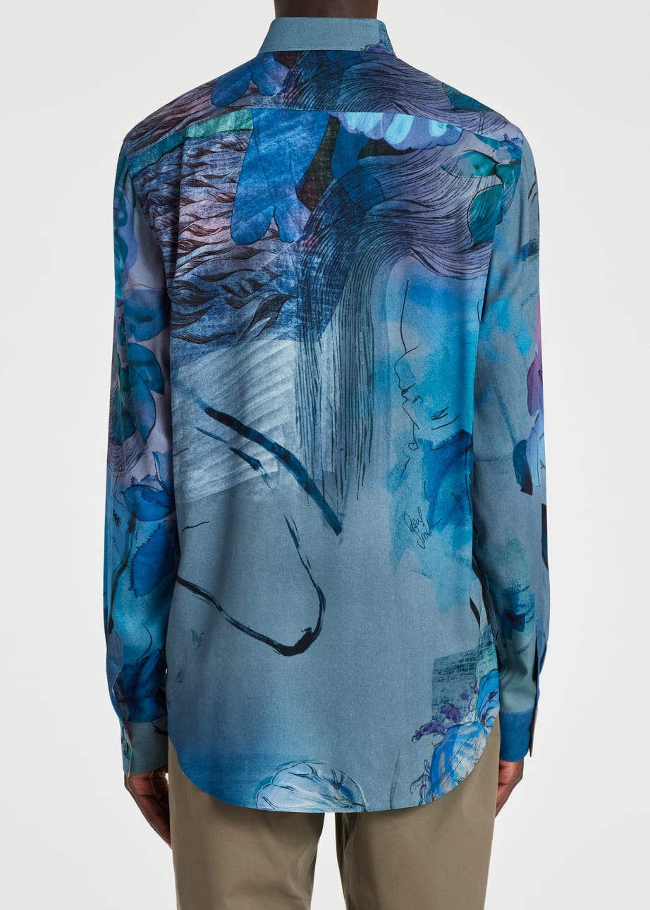 Model View - Blue 'Narcissus' Print Viscose Shirt Paul Smith