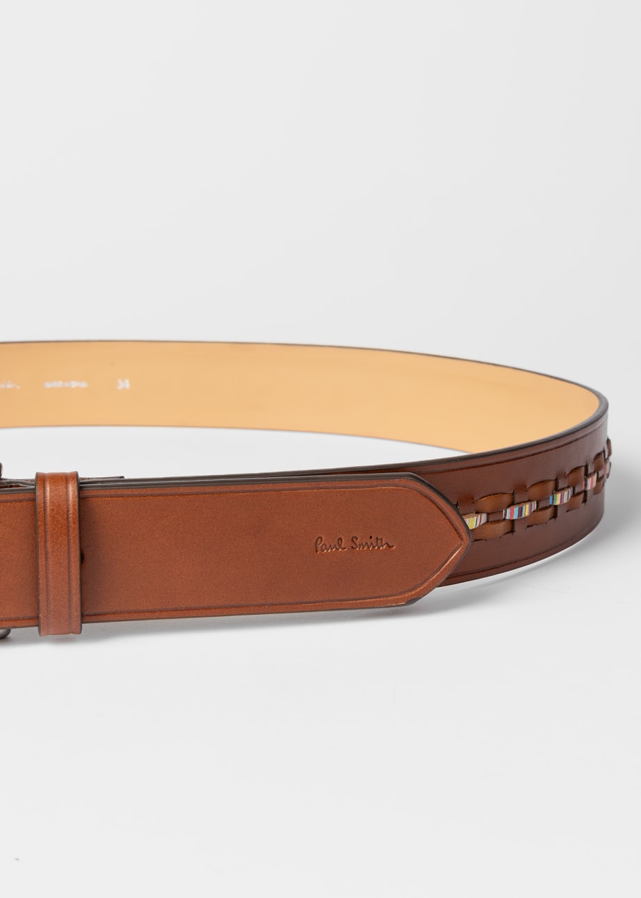 Brown Leather Signature Stripe Weave Belt