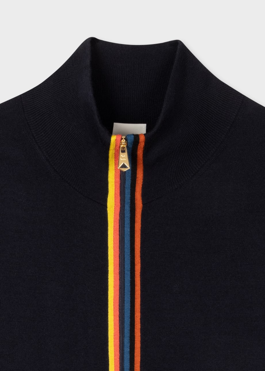 Detail View - Navy Washable Merino Wool 'Artist Stripe' Zip-Through Cardigan Paul Smith