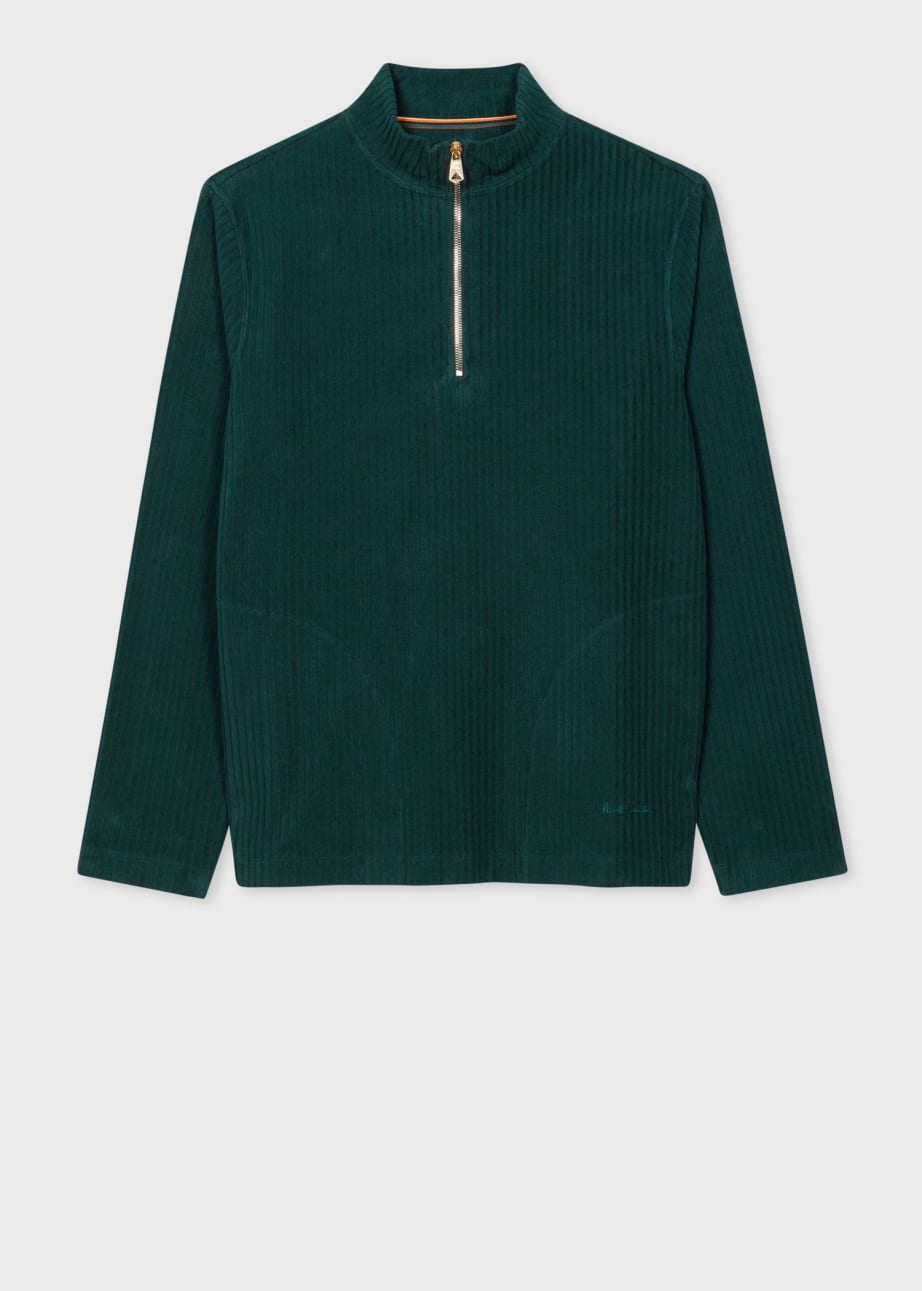 Front View - Dark Green Brushed Cotton Zip-Neck Sweatshirt Paul Smith