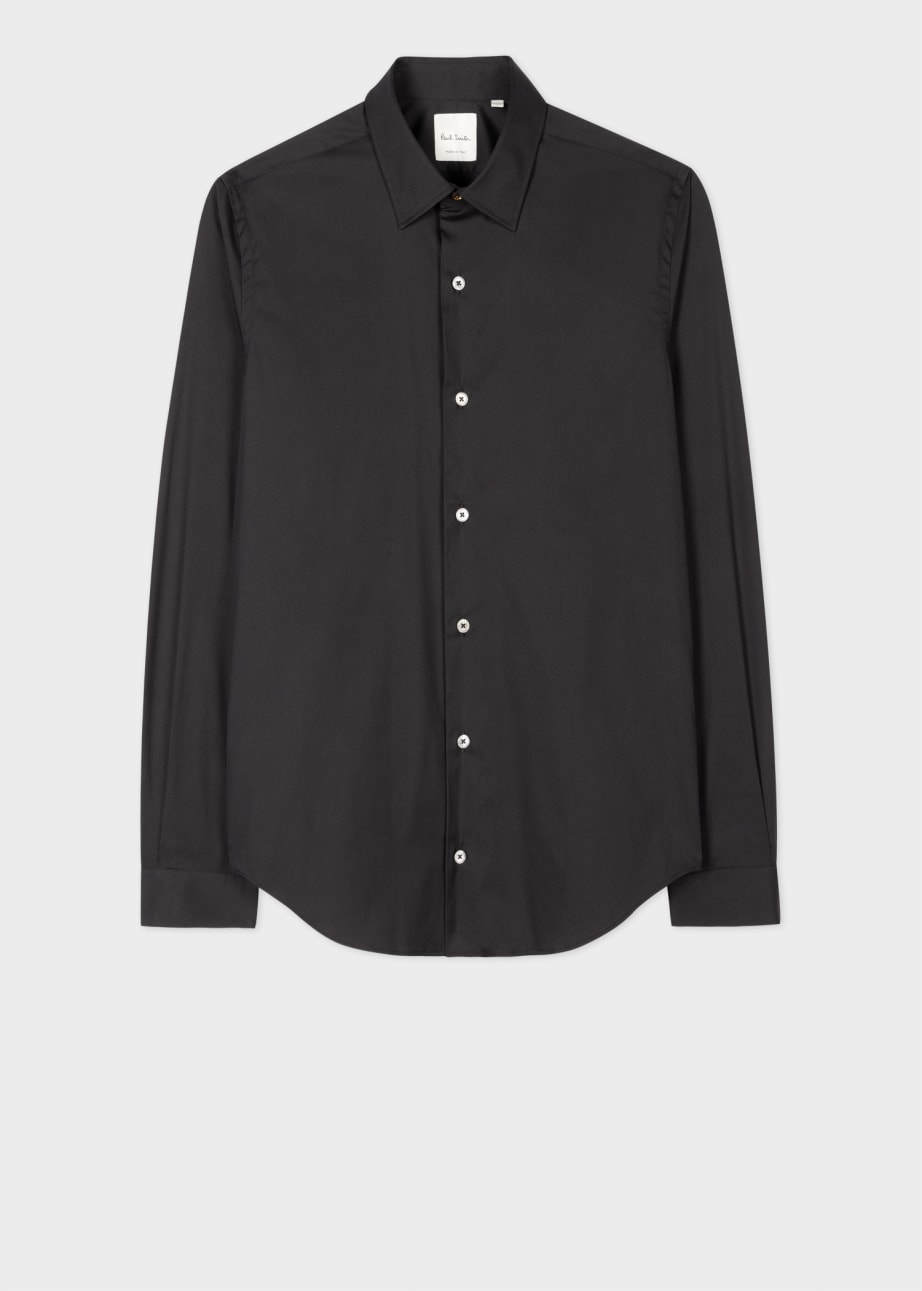 Front View - Super Slim-Fit Black Shirt With 'Artist Stripe' Cuff Lining Paul Smith