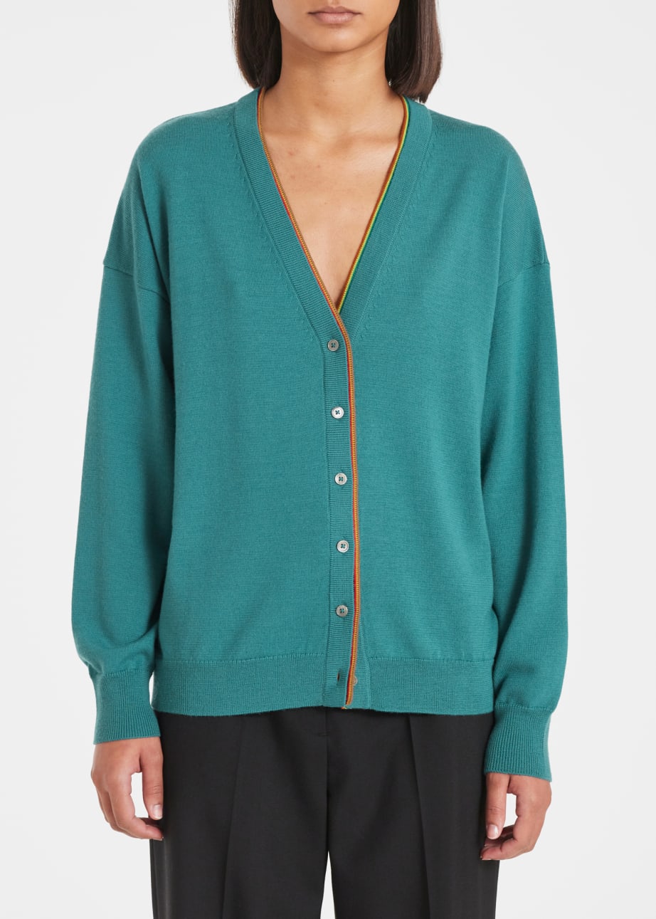 Women's Teal Blue Merino Wool 'Signature Stripe' Cardigan