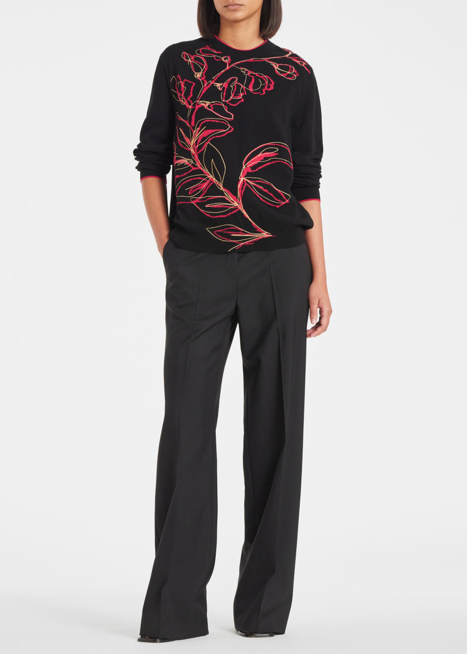 Model View - Women's Black 'Ink Floral' Lambswool Sweater Paul Smith