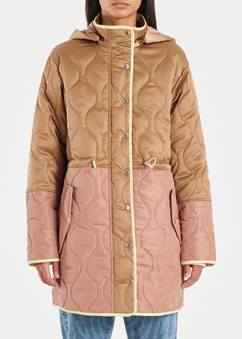 Model View - Women's Camel Satin Quilted Mid Length Coat by Paul Smith