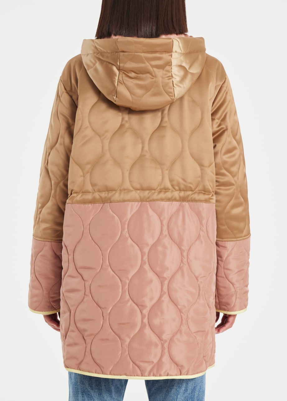 Model View - Women's Camel Satin Quilted Mid Length Coat by Paul Smith