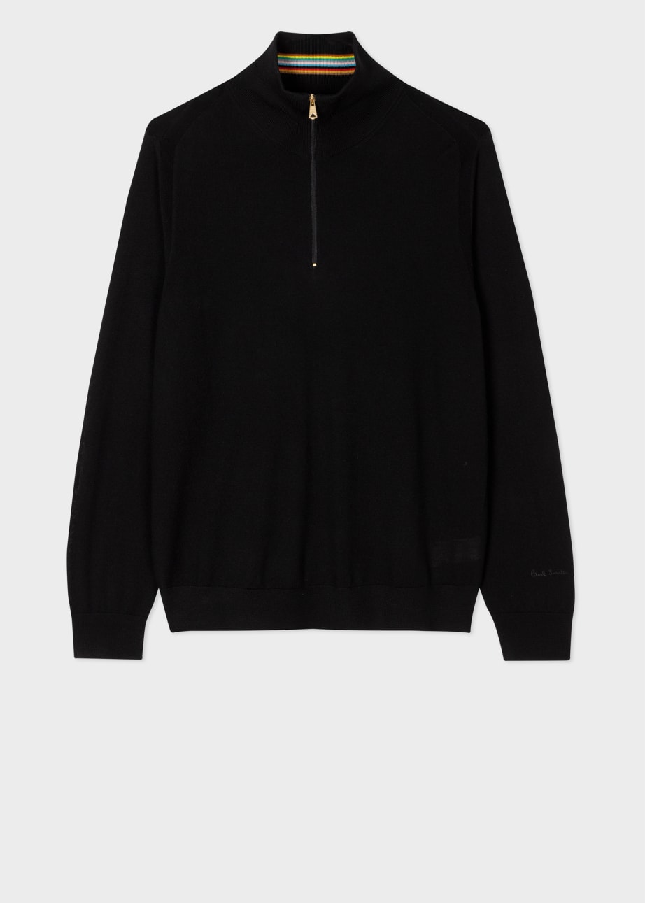 Front View - Black Merino Wool Half Zip Sweater Paul Smith