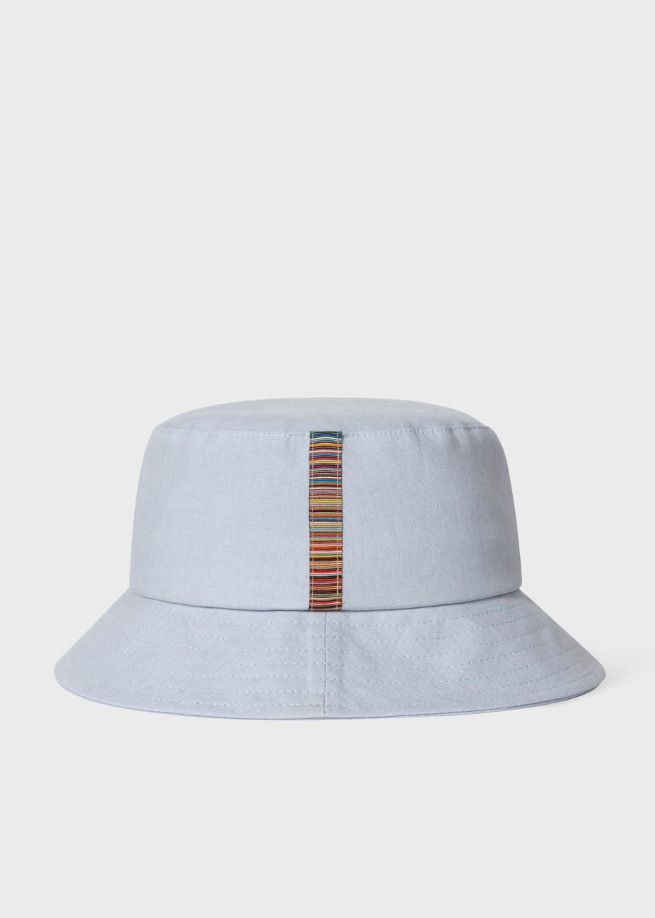 Front View - Sky Blue Linen Signature Stripe Trim Bucket Hat Pal Smith