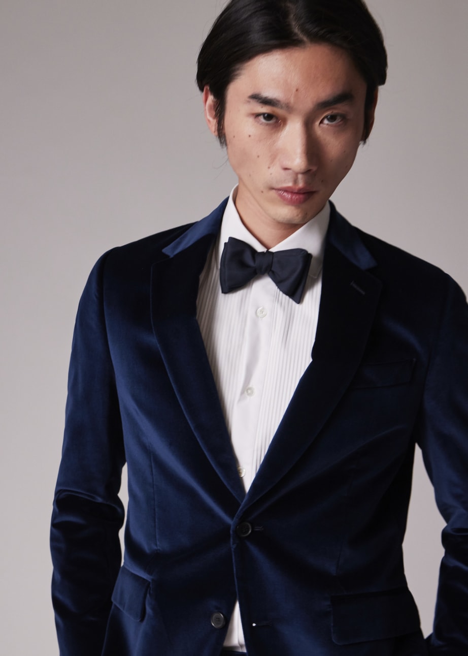 Model View - The Soho - Tailored-Fit Navy Velvet Blazer by Paul Smith