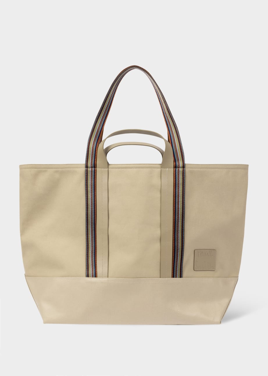 Front View - Beige Cotton-Blend Canvas Tote Bag with 'Signature Stripe' Straps Paul Smith